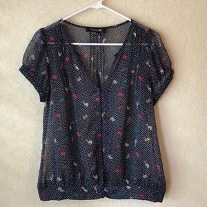 Sheer navy and animal print short sleeve button up